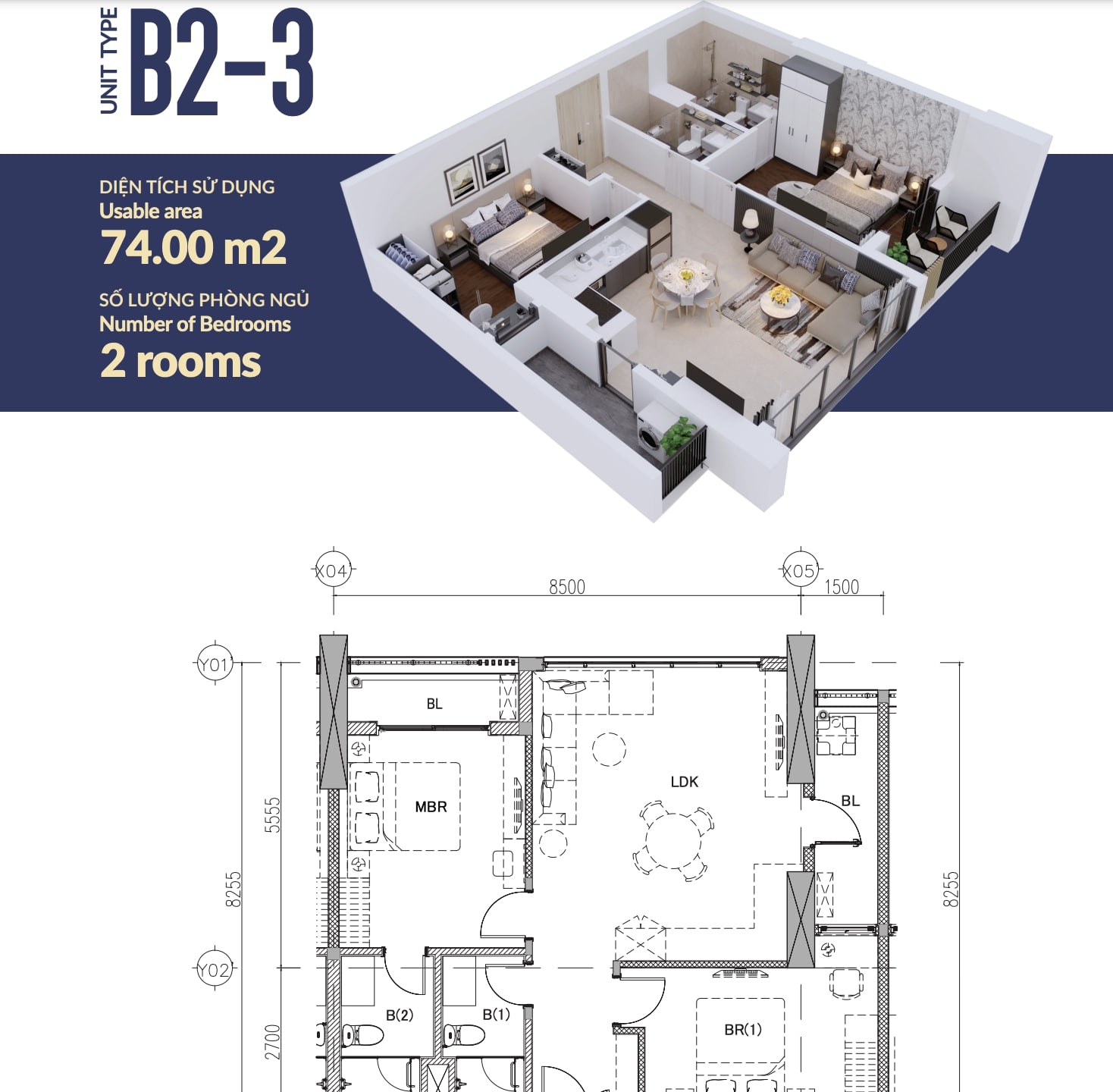 Bản vẽ của căn hộ B2-3 tại chung cư The Minato Residence